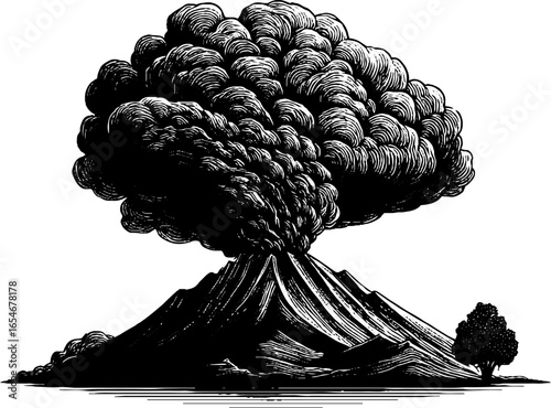Vintage engraving of volcanic eruption with detailed smoke plume