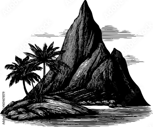 Engraved illustration of volcanic island with palm trees and ocean scene for retro design