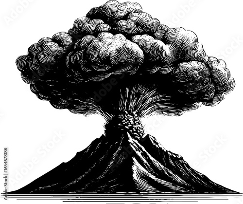 Vintage engraved illustration of dramatic volcanic eruption for retro design