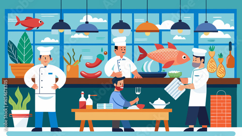 A group of chefs are working in a restaurant kitchen, preparing food for customers. The atmosphere is lively and bustling, with the chefs working together to create delicious dishes