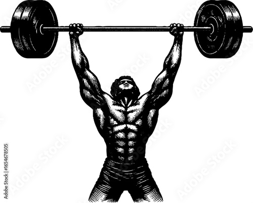 Vintage engraving of weightlifter lifting barbell - retro fitness and strength concept