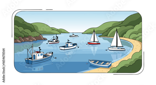 Serene coastal scene featuring a tranquil bay with various sailboats and motorboats nestled between lush green hills and sandy shores