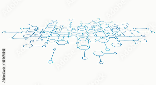 Futuristic Digital Network Representation with Hexagonal and Circular Elements Spanning a Tabletop Surface in a Minimalist Tech Concept Illustration