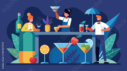 A group of people are standing around a bar with drinks and umbrellas. Scene is lively and social