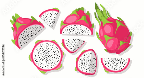 Colorful fresh dragon fruit slices and whole fruit isolated on white background vibrant tropical superfood for healthy diet and exotic cuisine in