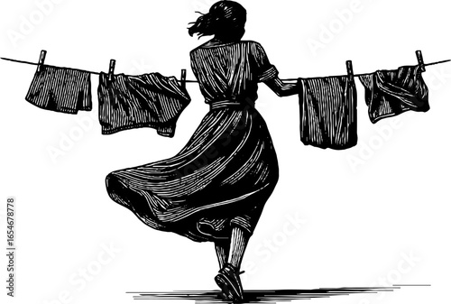 Vintage scene of woman hanging laundry - retro design for print or poster