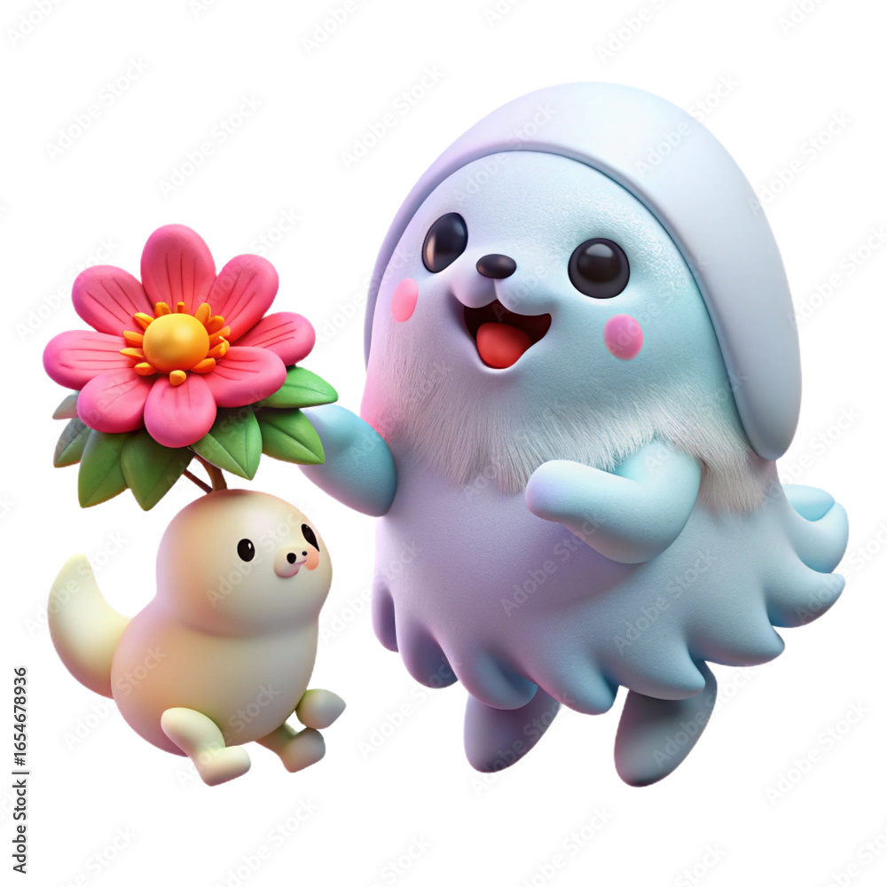 Fototapeta premium Cute blue ghost character with pink cheeks holding flower with small bird illustration on black