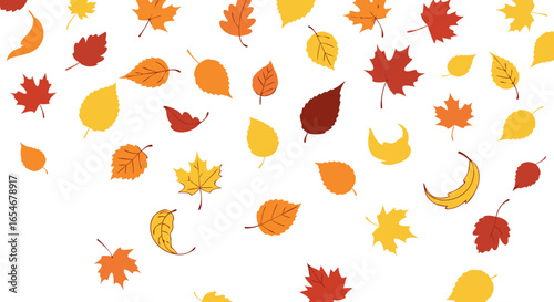 Vibrant autumnal leaf pattern showcasing a variety of colorful foliage in warm tones and dynamic arrangements symbolizing seasonal change and