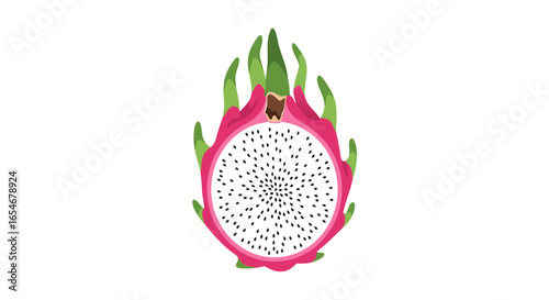 Vivid cross-section of a ripe dragon fruit showcasing its striking white flesh dotted with tiny black seeds encased by vibrant pink outer skin with