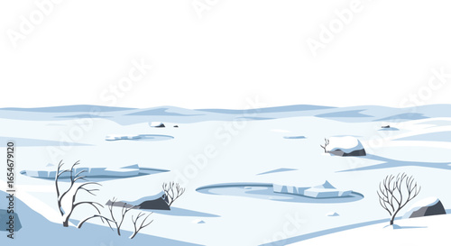 Serene Snow-Covered Landscape with Sparse Trees and Frozen Water Bodies under a Clear Sky for Winter Nature Scene