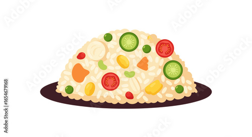 Illustration of a colorful vegetable rice dish served on a dark plate showcasing various fresh ingredients and vibrant colors