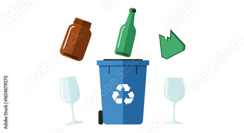 Environmental awareness concept illustrating glass and bottle recycling with waste bin and broken bottle for sustainable waste management