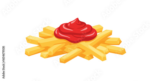 Fried potato waffle topped with a generous swirl of ketchup on a pristine white background perfect for food presentation and culinary creativity