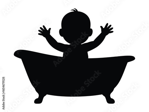 Silhouette of a happy baby in a bathtub with arms raised