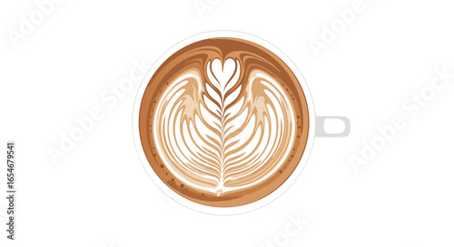 A top-down view of a beautifully crafted coffee latte featuring intricate latte art resembling a symmetrical fern plant with layered leaf designs