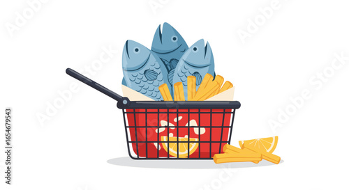 dining with fish and fries in a shopping basket illustration featuring seafood meal in a modern style