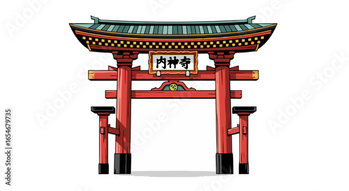 Vivid traditional Japanese torii gate illustration representing cultural heritage and spiritual symbolism with detailed architectural features and
