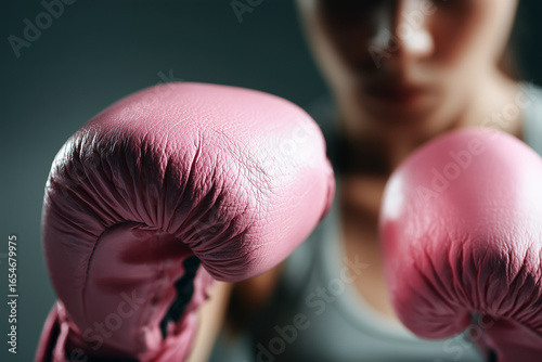 Close-up of a woman's hands wearing pink boxing gloves, Breast Cancer Awareness Month: Pink October.