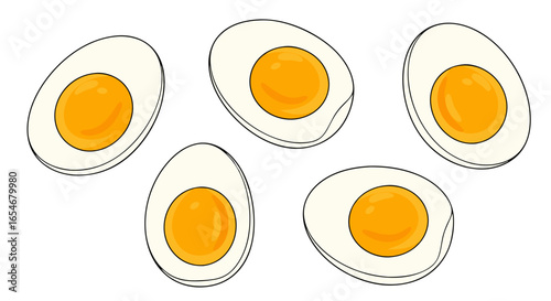 Illustration of Hen Eggs with Bright Orange Yolks and White Egg Whites Displayed Against a White Background Emphasizing Simplicity and Freshness for