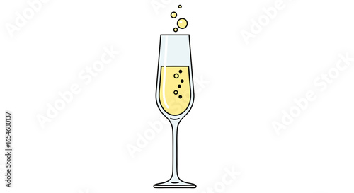 Minimalist Illustration of a Champagne Flute Filled with Sparkling Beverage Featuring Bubbles and Elegant Design