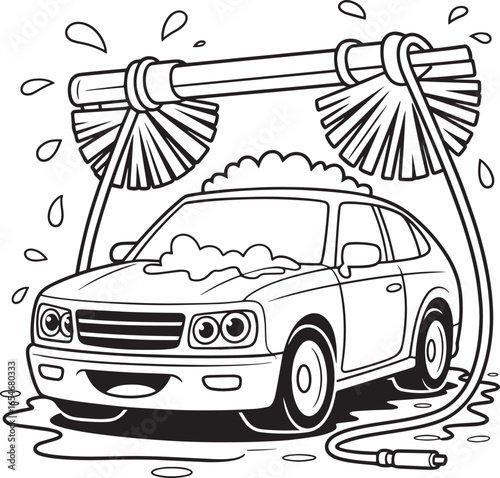 Cartoon car getting washed with soap and water bubbles