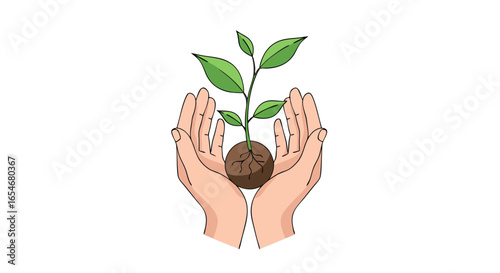 Eco-friendly hands nurturing a young plant growing from soil symbolizing environmental care and sustainability efforts