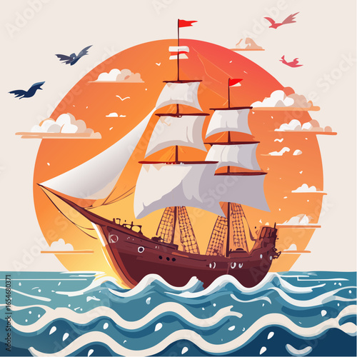 A classic sailing ship with white sails navigates the ocean waves against a backdrop of a setting sun and fluffy clouds.