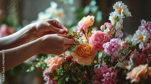 Hands arranging a vibrant flower bouquet