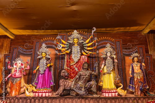 Subho mahalaya, An handmade idol of Goddess Durga decorated in colorful Pandal. Durga Puja is biggest religious festival of Hinduism and for bengalis and is now celebrated worldwide.