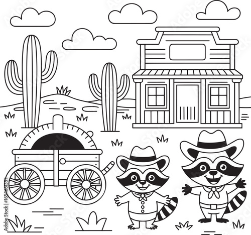 Cartoon raccoons in western town with wagon and cacti cactus