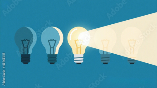 A single bright lightbulb stands out among dimmer bulbs, illuminated by a spotlight, symbolizing innovative thinking and unique ideas.