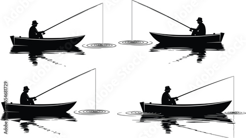 Minimalist black and white vector illustration of four fishermen in boats with fishing rods, rippling water reflections, peaceful outdoor scene
