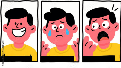A young man's emotional progression: happiness, sadness, and then fear, depicted in a simple cartoon style.