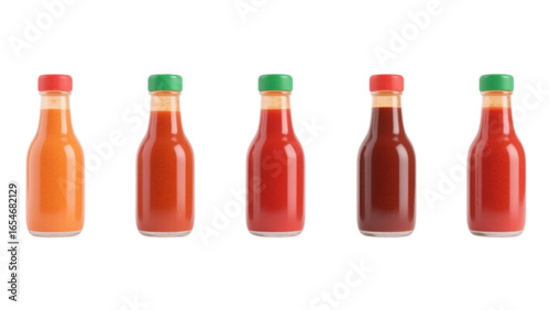 Five small glass bottles of various hot sauces, lined up against a white background.