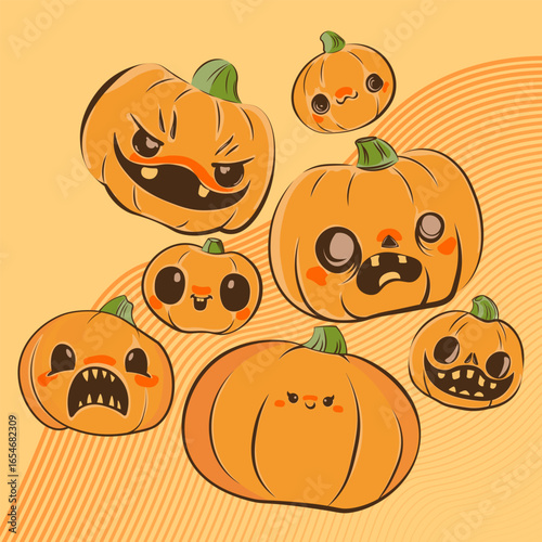 Scary and funny pumpkin drawings with faces for Halloween. Pumpkins for Halloween on a light orange background. Vector illustration of an autumn holiday.