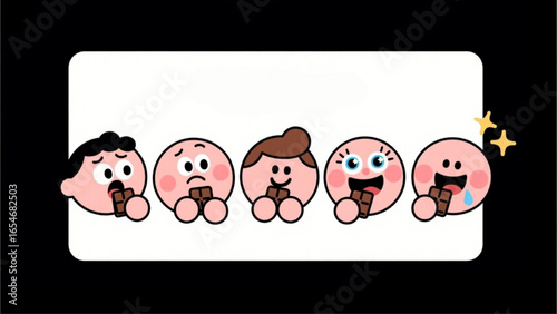Five cheerful cartoon characters joyfully devouring chocolate bars.