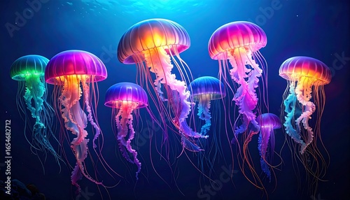 Colorful jellyfish in the deep blue ocean