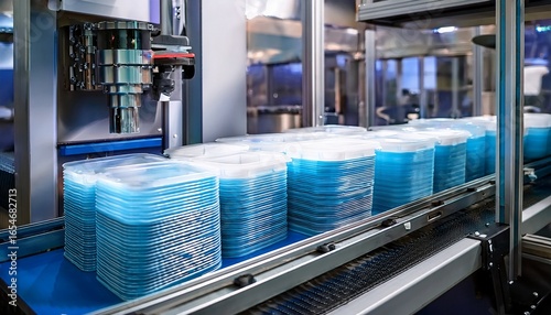 stack of polypropylene food containers on conveyor belt of automatic plastic injection molding machine automated technology concept
