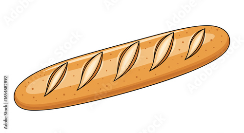 Illustration of a freshly baked baguette with scoring marks on crispy crust in a simple cartoon style for bakery signage or culinary design
