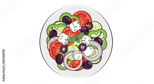 Colorful Mediterranean Style Salad with Fresh Vegetables, Kalamata Olives, and Feta Cheese on White Ceramic Plate