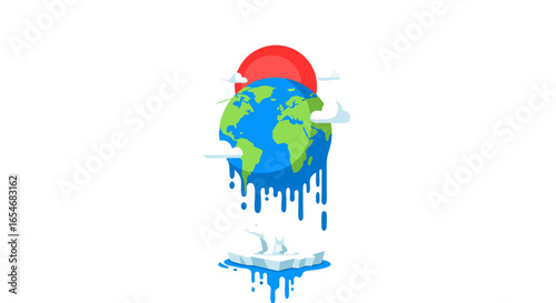 Artistic Representation of a Melting Earth Globe with Sun and Cloud Elements Depicting Climate Change and Environmental Concerns in a Creative