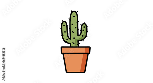 Cute cartoon-style potted cactus with three green pads and tiny black spines in a terracotta pot isolated on white background perfect for cheerful