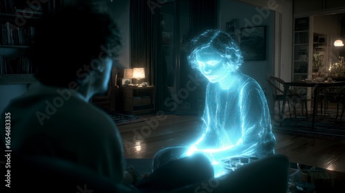 Glowing figure interaction indoor scene