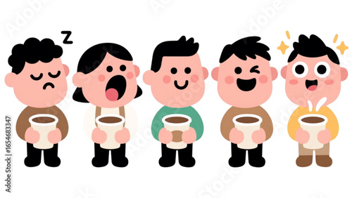A cartoon illustration depicting five people with various reactions, all holding coffee cups.