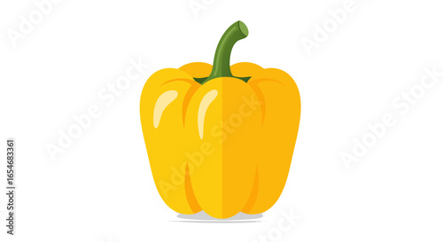 Vivid Yellow Bell Pepper with Smooth Curved Surface and Fresh Green Stem Isolated on White Background