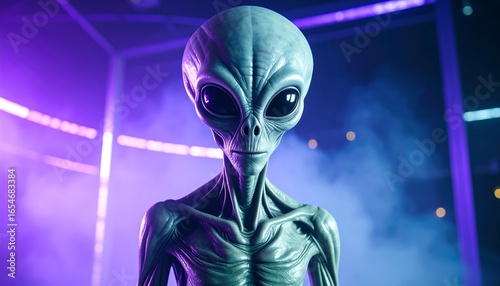 Close-up of a gray alien against a backdrop of vibrant, glowing lights