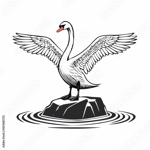 Vászonkép Swan Standing on a Rock Spreading Its Wings in the Middle of a River Vector on white background