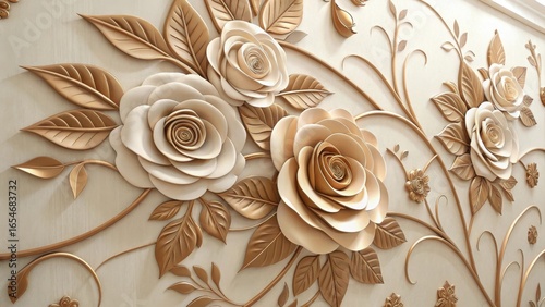 Luxurious rose arrangement with detailed petals and golden leaves
