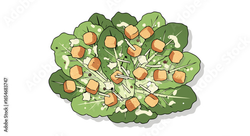 Fresh garden lettuce salad with croutons and cheese in a vibrant salad bowl setting for healthy eating or cooking inspiration