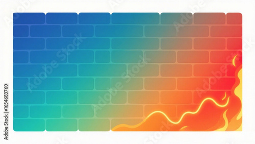 A brick wall illustration transitioning from cool blue to warm orange, with flames licking up the right side.